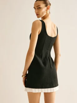 Hot Pleated Trim Tweed Tank Short Dress Black Dresses|Casual Dresses