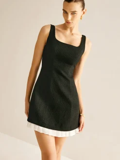 Hot Pleated Trim Tweed Tank Short Dress Black Dresses|Casual Dresses