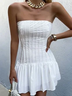 New Pleated Tube Short Dress White Dresses|Casual Dresses