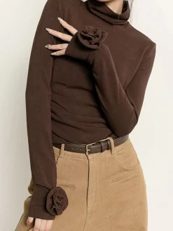 New Pleated Turtleneck 3D Flower Slim T-Shirt T-shirts|Tops