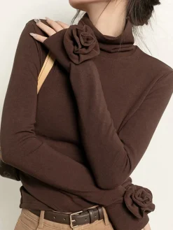 New Pleated Turtleneck 3D Flower Slim T-Shirt T-shirts|Tops