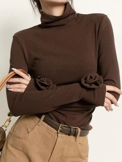 New Pleated Turtleneck 3D Flower Slim T-Shirt T-shirts|Tops