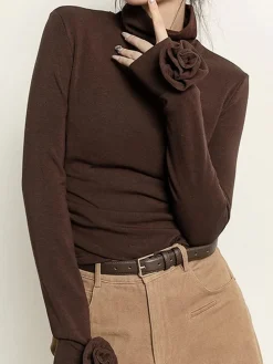 New Pleated Turtleneck 3D Flower Slim T-Shirt T-shirts|Tops