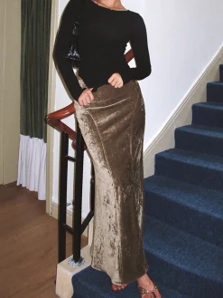New Pleated Velvet Maxi Skirt Skirts|Matching Sets