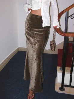 New Pleated Velvet Maxi Skirt Skirts|Matching Sets