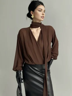 Discount Pleated V-Neck Shirt With Scarf Blouses & Shirts