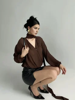 Discount Pleated V-Neck Shirt With Scarf Blouses & Shirts