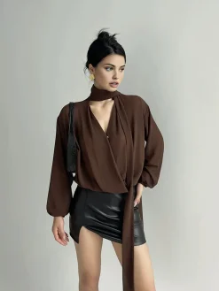 Discount Pleated V-Neck Shirt With Scarf Blouses & Shirts