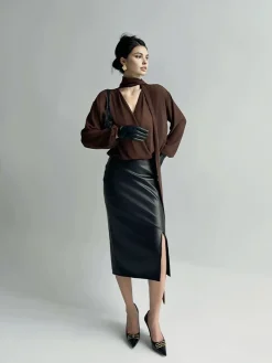 Discount Pleated V-Neck Shirt With Scarf Blouses & Shirts