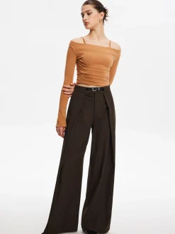 Sale Pleated Wide-Leg Pants With Belt Pants|Bottoms