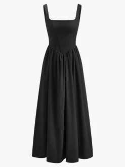 Online Pleated Zipper Strappy Long Dress Dresses
