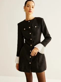 Outlet Pleated-Cuff Tweed Breasted Dress Black Dresses|Casual Dresses