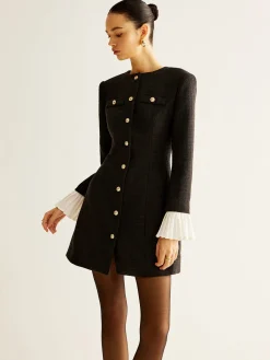 Outlet Pleated-Cuff Tweed Breasted Dress Black Dresses|Casual Dresses