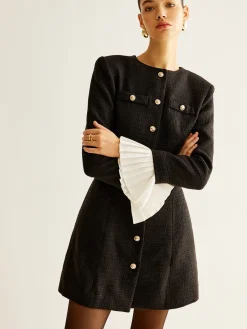 Outlet Pleated-Cuff Tweed Breasted Dress Black Dresses|Casual Dresses