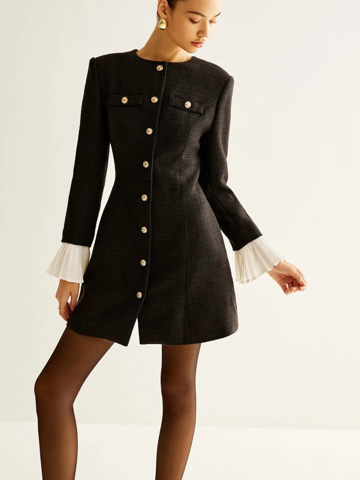 Outlet Pleated-Cuff Tweed Breasted Dress Black Dresses|Casual Dresses