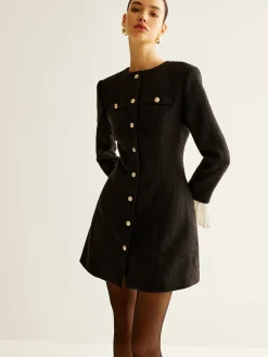 Outlet Pleated-Cuff Tweed Breasted Dress Black Dresses|Casual Dresses