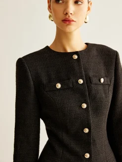 Outlet Pleated-Cuff Tweed Breasted Dress Black Dresses|Casual Dresses