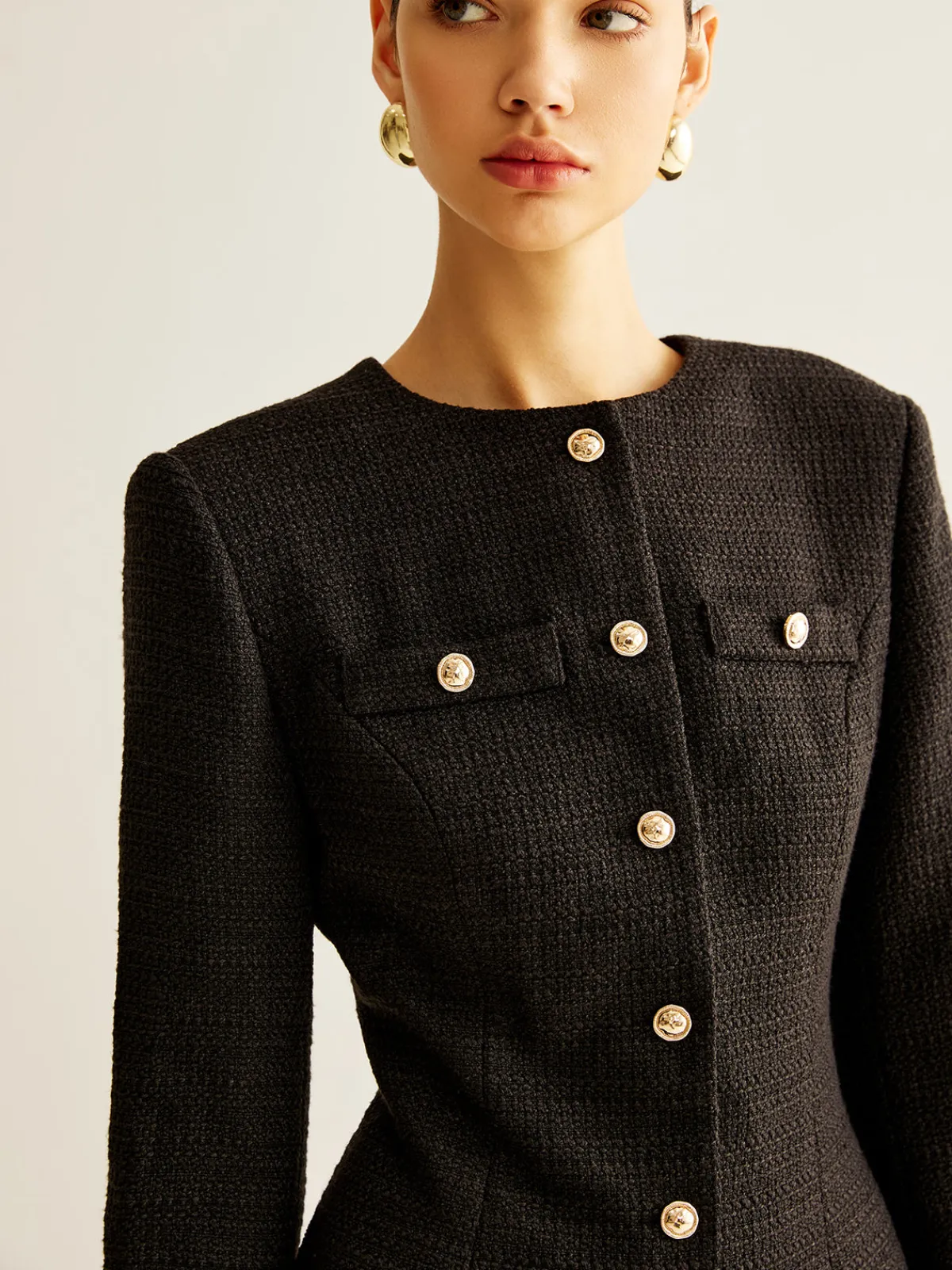 Outlet Pleated-Cuff Tweed Breasted Dress Black Dresses|Casual Dresses