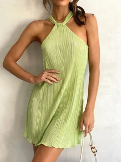 Plisse Halter Short Dress Casual Dresses|Vacation Dresses