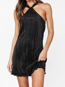 Plisse Halter Short Dress Casual Dresses|Vacation Dresses