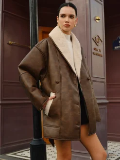 New Pockets Belted Faux Leather Fleece Jacket Outerwear|Jackets