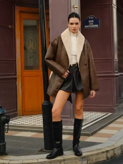 New Pockets Belted Faux Leather Fleece Jacket Outerwear|Jackets