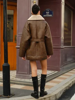 New Pockets Belted Faux Leather Fleece Jacket Outerwear|Jackets