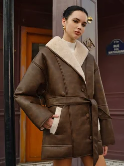 New Pockets Belted Faux Leather Fleece Jacket Outerwear|Jackets
