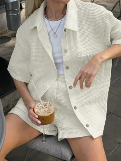 Pockets Button Up Shirt With Shorts Set Shorts Sets|Shorts
