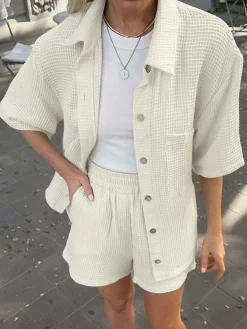 Pockets Button Up Shirt With Shorts Set Shorts Sets|Shorts
