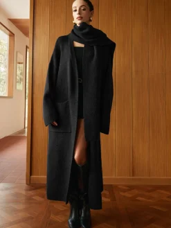 New Pockets Long Knit Outerwear With Scarf Sweater Tops|Outerwear