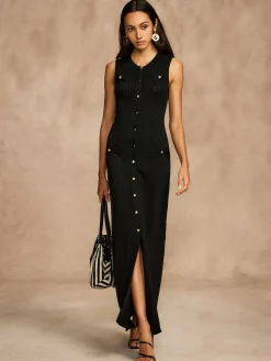 Hot Pointelle Split Button Sweater Dress Black Dresses|Sweater Dresses