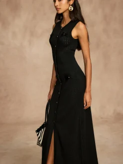 Hot Pointelle Split Button Sweater Dress Black Dresses|Sweater Dresses