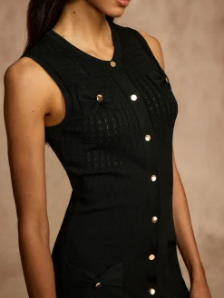 Hot Pointelle Split Button Sweater Dress Black Dresses|Sweater Dresses