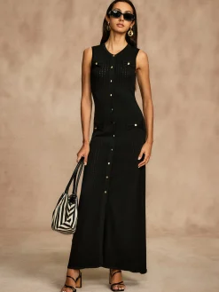 Hot Pointelle Split Button Sweater Dress Black Dresses|Sweater Dresses