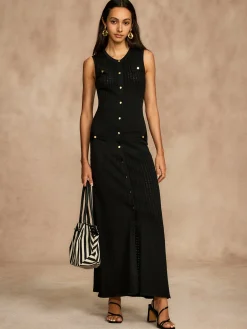 Hot Pointelle Split Button Sweater Dress Black Dresses|Sweater Dresses