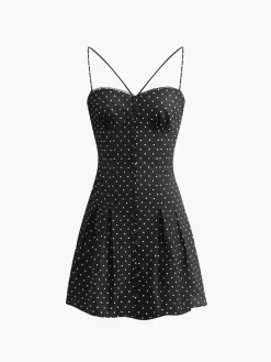 Sale Polka Dot Knotted Back Cami Short Dress Black Dresses|Vacation Dresses