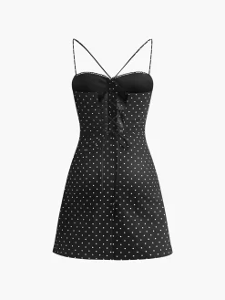 Sale Polka Dot Knotted Back Cami Short Dress Black Dresses|Vacation Dresses
