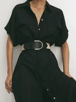 Polo Pockets Tied Midi Dress Black Dresses|Casual Dresses