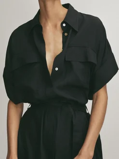 Polo Pockets Tied Midi Dress Black Dresses|Casual Dresses