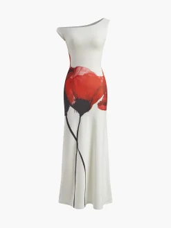 Best Print Asymmetrical Long Dress White Dresses|Casual Dresses