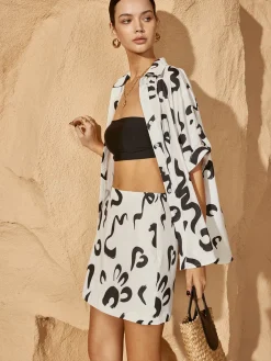 Print Button Pockets Skirt Set Skirt Sets|Long Sleeve Sets