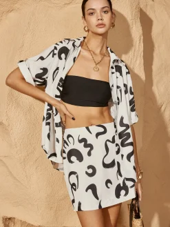 Print Button Pockets Skirt Set Skirt Sets|Long Sleeve Sets