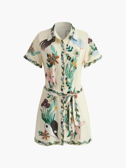 Discount Print Collared Belted Short Dress Dresses