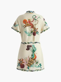 Discount Print Collared Belted Short Dress Dresses
