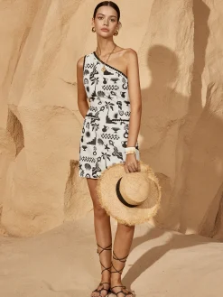 Discount Print Contrast Trim Asymmetrical Dress White Dresses|Casual Dresses