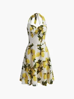 Hot Print Cotton Halter Sweetheart Neck Dress Casual Dresses|Vacation Dresses