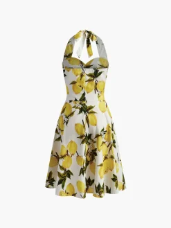 Hot Print Cotton Halter Sweetheart Neck Dress Casual Dresses|Vacation Dresses