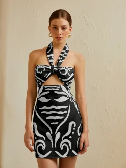 Outlet Print Cut Out Halter Dress Black Dresses|Vacation Dresses