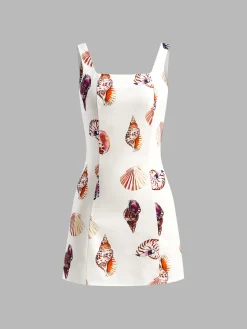 Sale Print Cutout Square Neck Short Dress White Dresses|Casual Dresses